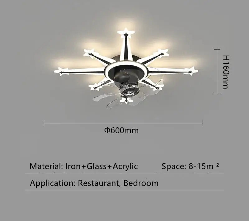 Modern black starburst chandelier ceiling fan with black and white iron, glass, and acrylic arms for living room ceiling fan
