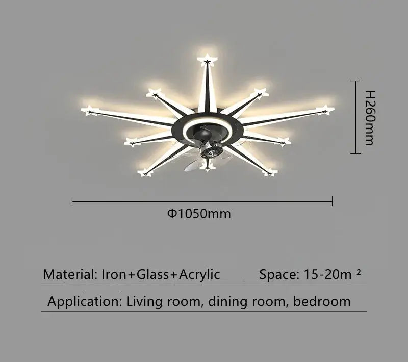 Modern black starburst chandelier ceiling fan with sleek iron frame and glass acrylic arms emitting warm light for living room