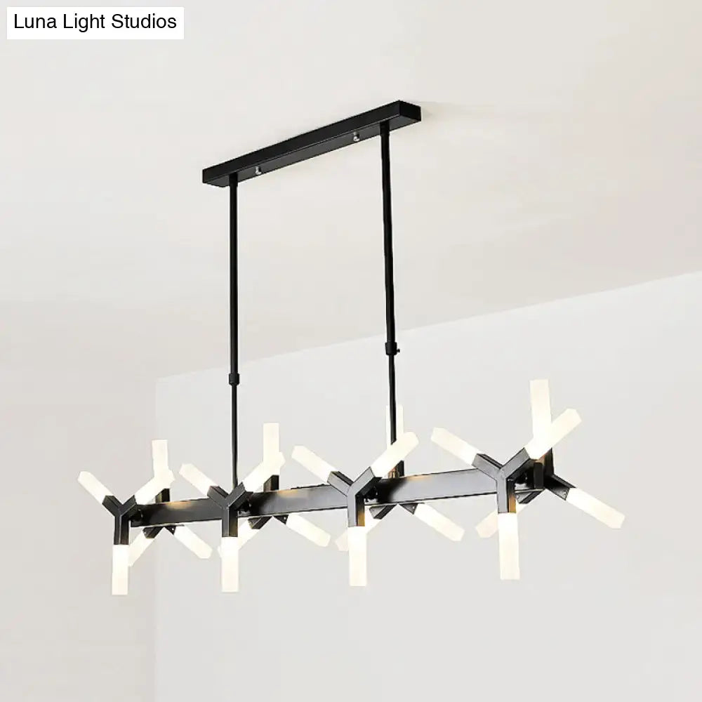 Modern black metal chandelier with sleek angular arms and linear acrylic shade fixtures for dining room or island lighting