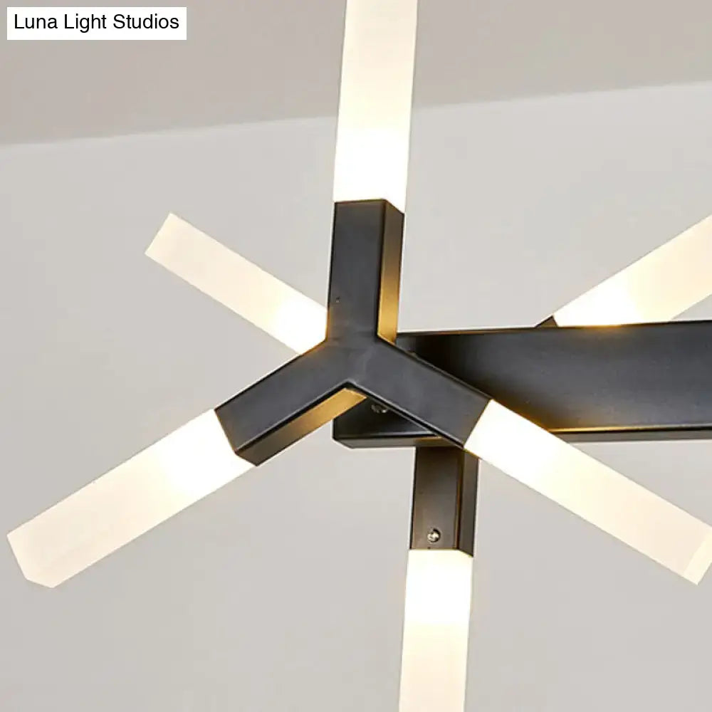 Modern black metal chandelier with illuminated white rectangular linear acrylic shade, ideal over dining island