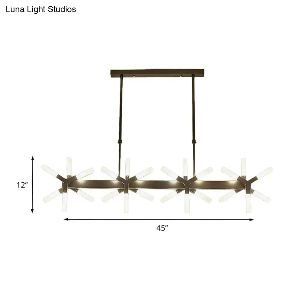 Modern bronze-finished linear acrylic shade pendant light fixture with clear star-shaped diffusers for dining room