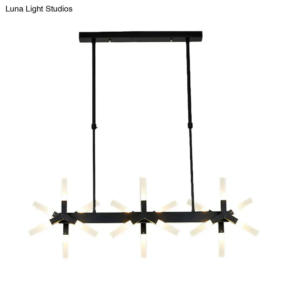 Black metal chandelier with modern geometric design and linear acrylic shade frosted glass fixtures for dining room