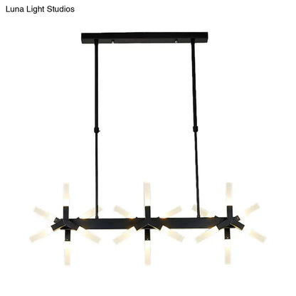 Black metal chandelier with modern geometric design and linear acrylic shade frosted glass fixtures for dining room