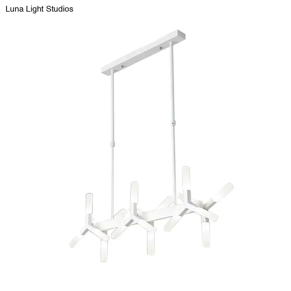 Modern white DecorBites™ linear acrylic shade pendant chandelier with sleek geometric arms and rectangular lights ideal over island