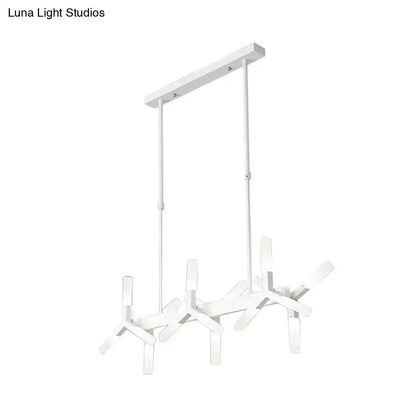 Modern white DecorBites™ linear acrylic shade pendant chandelier with sleek geometric arms and rectangular lights ideal over island