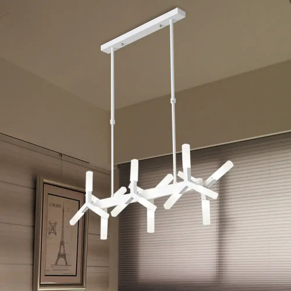 Modern white geometric linear acrylic shade chandelier with angular branch-like arms for dining room or island lighting