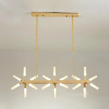 Gold-toned DecorBites linear acrylic shade chandelier with geometric starburst design and frosted glass arms for dining room