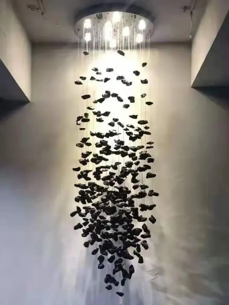 Modern black stone crystal chandelier hallway pendant light featuring irregular stones suspended by thin wires decorbites crystal chandelier