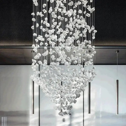 Modern black stone crystal chandelier hallway pendant light featuring numerous clear faceted decorbites crystal pieces