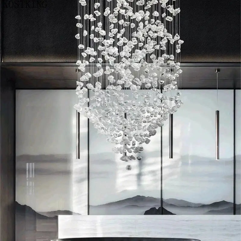 Modern black stone decorbites crystal chandelier with cascading clear glass pieces for staircase lighting