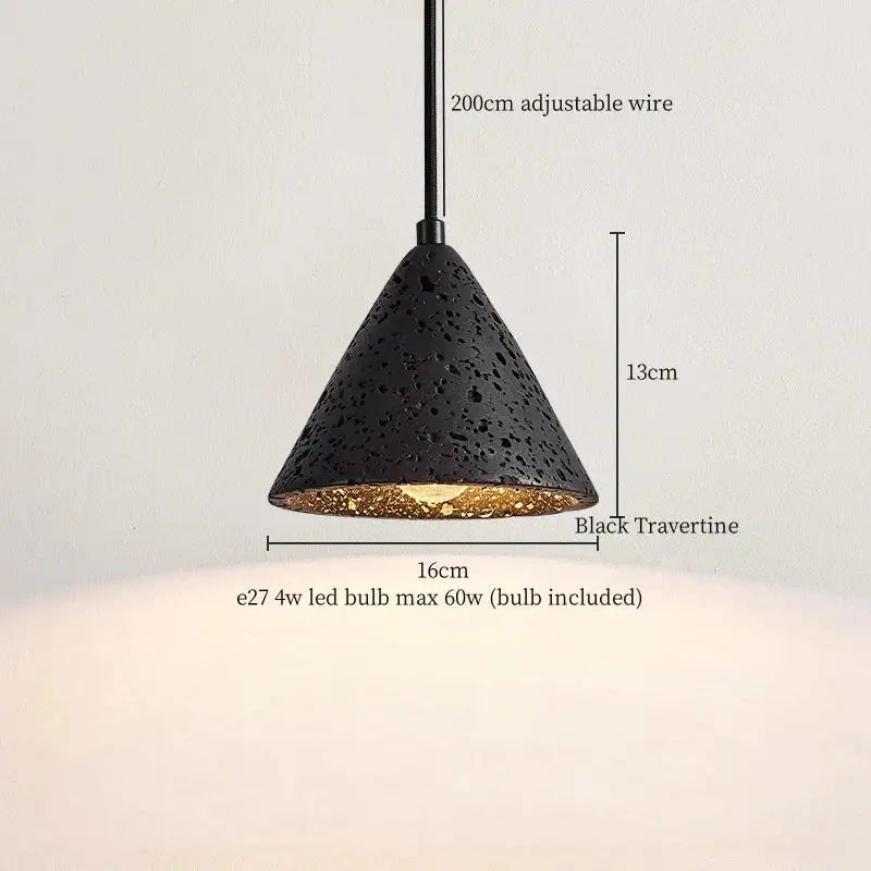 Modern black stone led pendant light with black travertine cone shape and gold-lined interior for kitchen decorbites decor