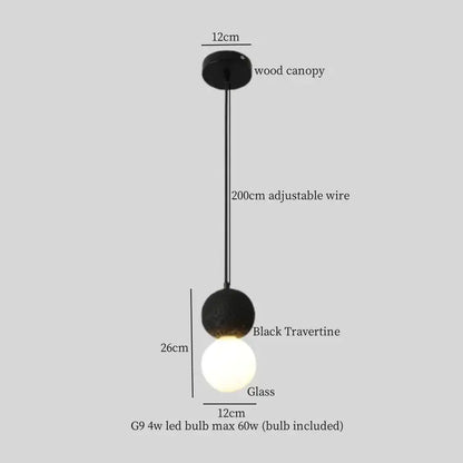 Modern black stone led pendant light with black travertine and glass globe on 200cm adjustable wire for kitchen decorbites decor