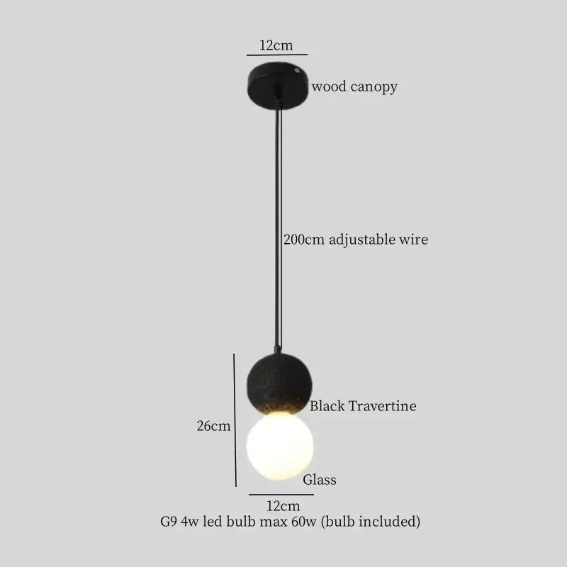 Modern black stone led pendant light with black travertine and glass globe on 200cm adjustable wire for kitchen decorbites decor