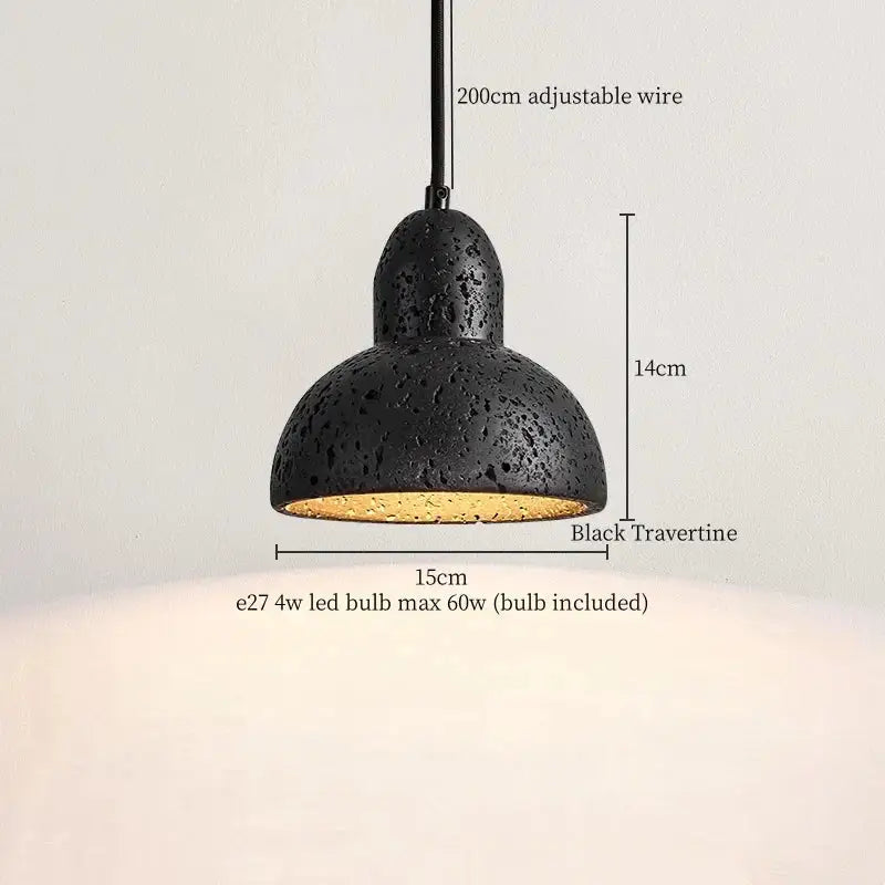 Modern black stone led pendant light with textured travertine and warm gold interior for kitchen wood top decorbites black stone