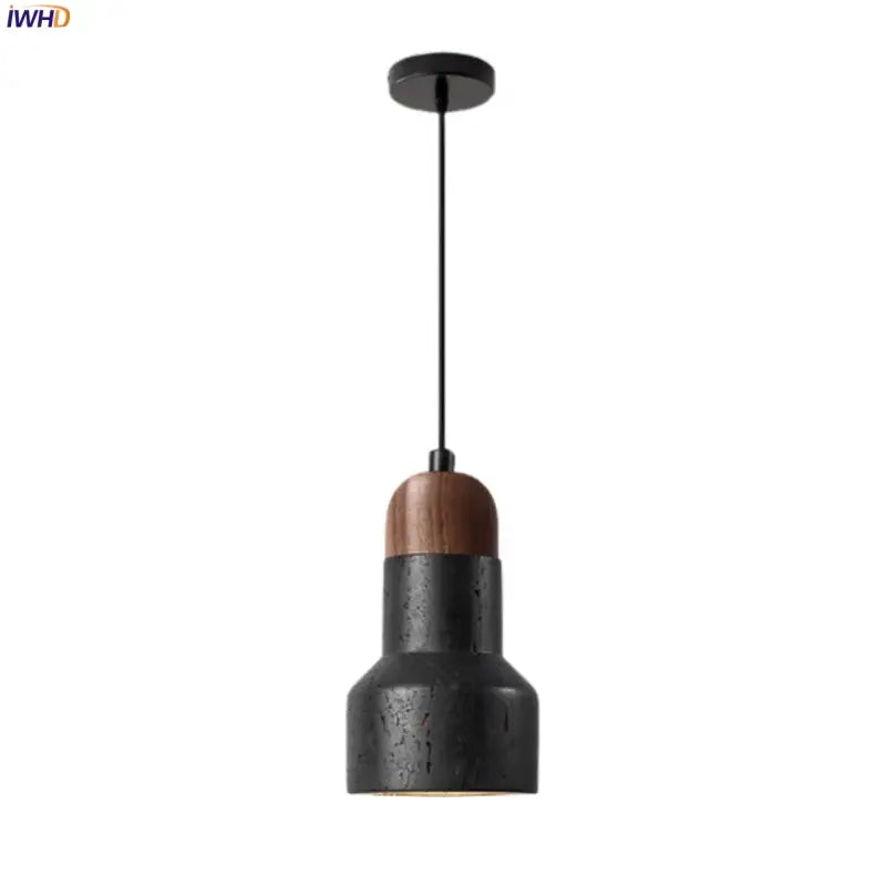 Modern black stone led pendant light with warm wood top and sleek black metal suspension for kitchen decorbites decor