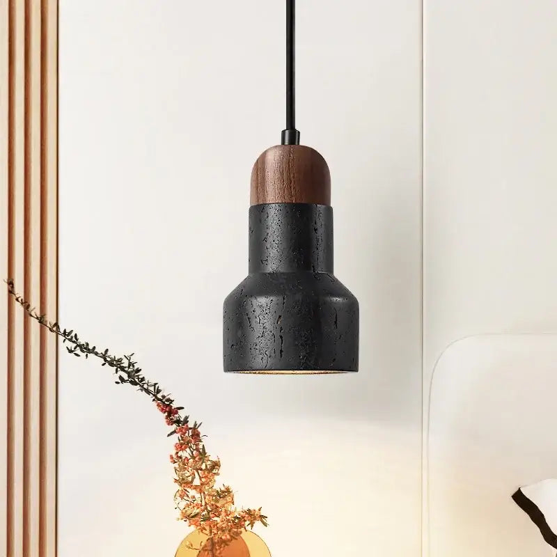 Modern black stone led pendant light with black textured concrete and warm wood top for kitchen decorbites decor