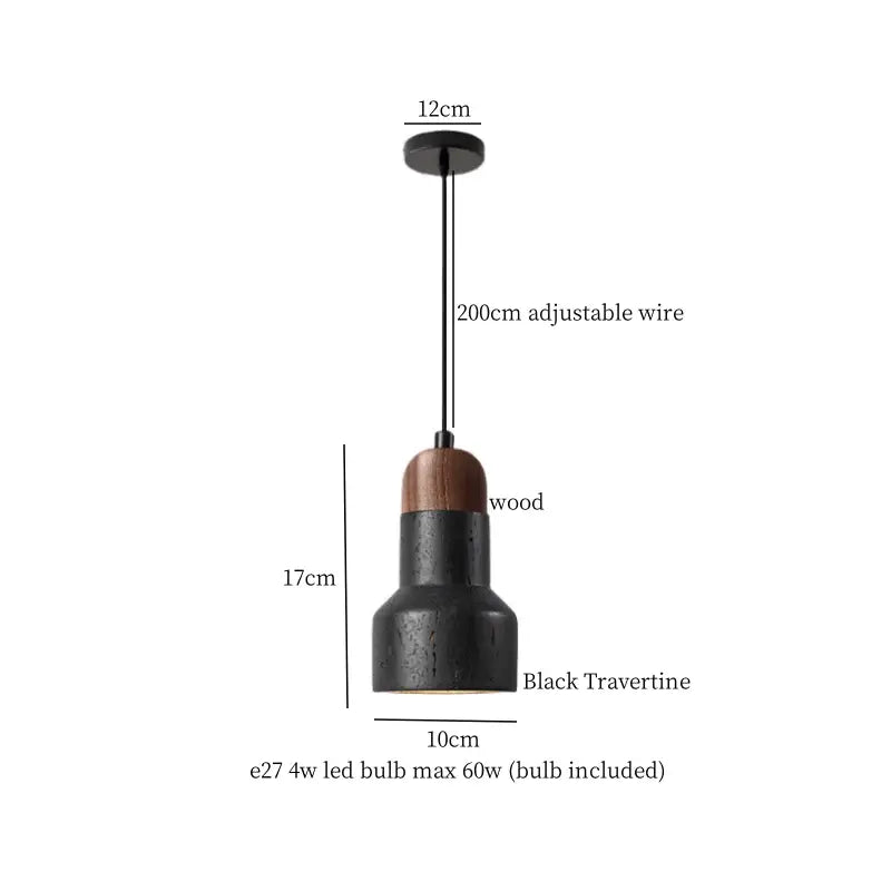 Modern black stone led pendant light with black travertine and wood design featuring a 200cm adjustable wire decorbites black stone