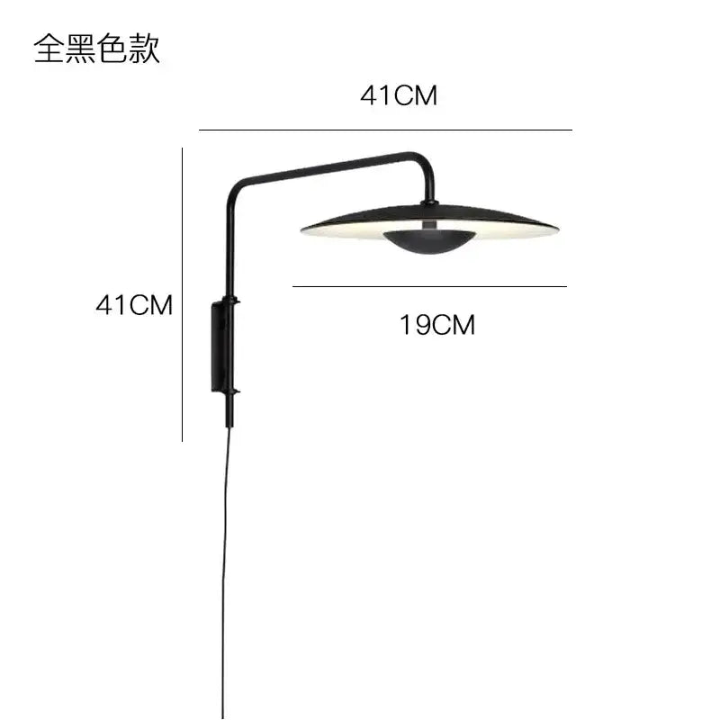 Modern black swing arm wall lamp with curved arm and circular shade iron art sconce decorbites for bedroom decor