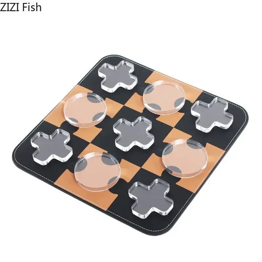 Modern black and tan acrylic tic-tac-toe chessboard set with transparent circular and cross pieces for living room decorbites decor