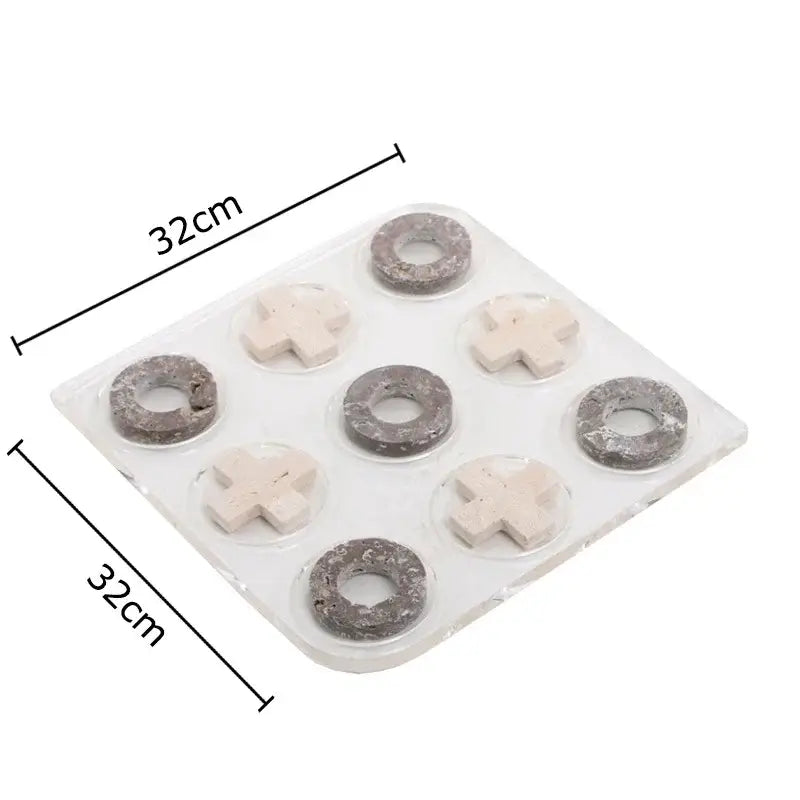 Modern black and tan decorbites acrylic tic-tac-toe chessboard set with gray and off-white stone-like pieces for living room decor
