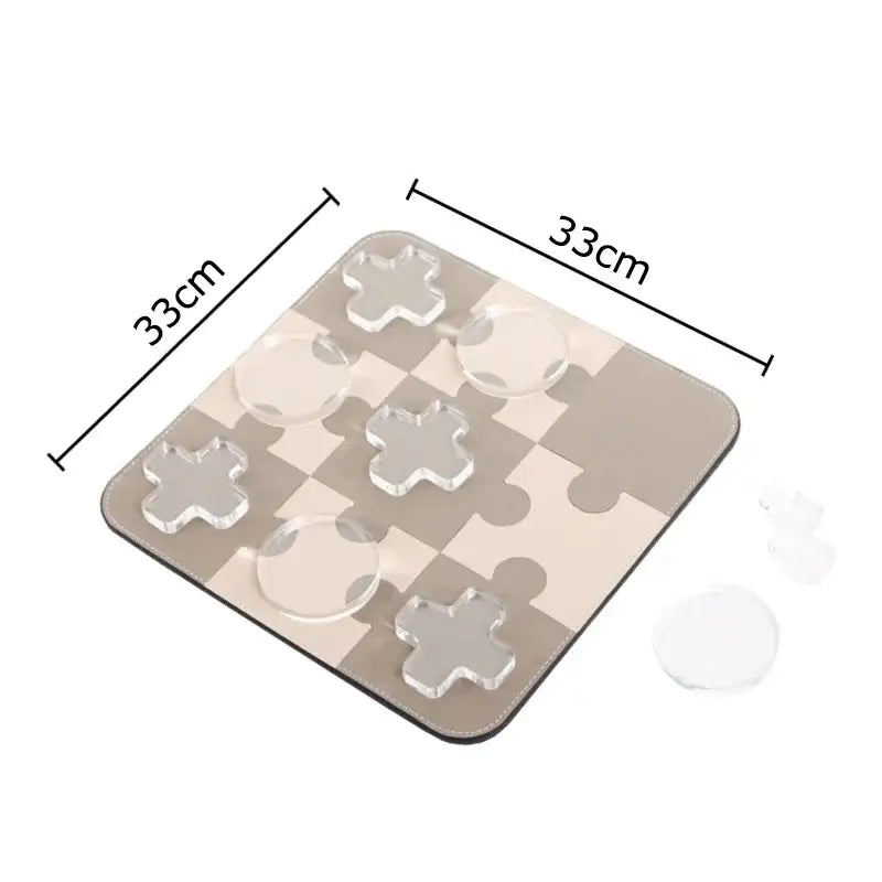 Modern black and tan acrylic tic-tac-toe chessboard set with beige puzzle-piece pattern and clear decorbites acrylic xs and os