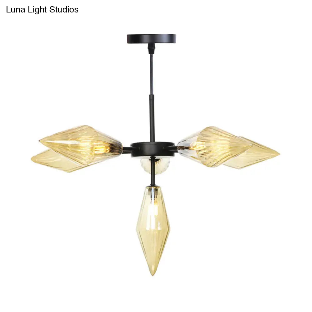 Lámpara de araña cónica negra moderna con 6 cabezales de cristal ámbar - Elegante lámpara colgante de techo