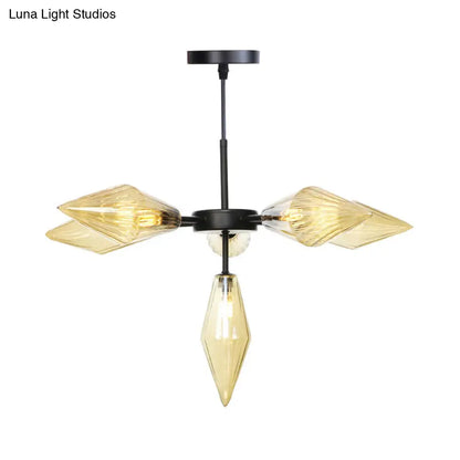 Lámpara de araña cónica negra moderna con 6 cabezales de cristal ámbar - Elegante lámpara colgante de techo