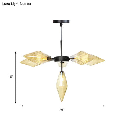 Lámpara de araña cónica negra moderna con 6 cabezales de cristal ámbar - Elegante lámpara colgante de techo