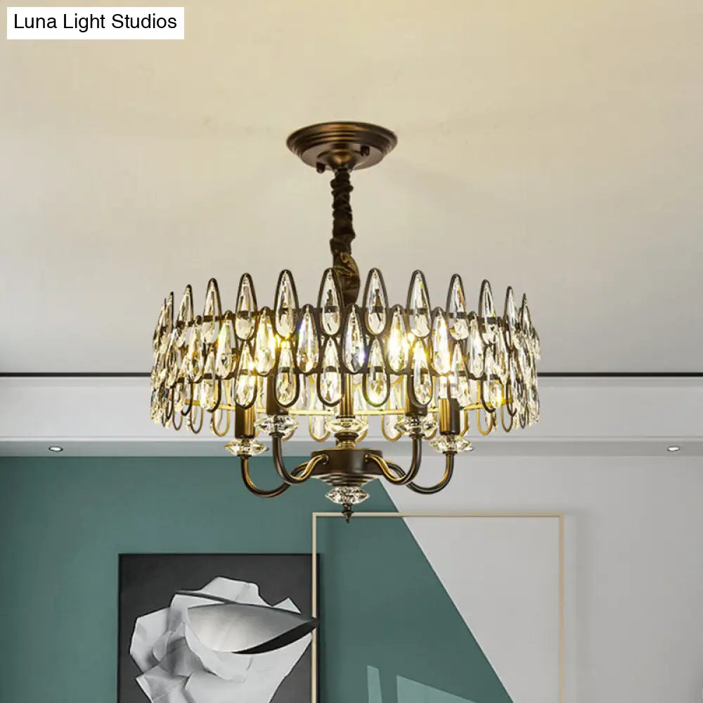 Lámpara de araña moderna negra en forma de lágrima con diseño de tambor y colgante de cristal facetado de 4 luces