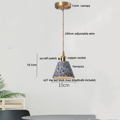 Modern black terrazzo led pendant lamp with conical speckled gray and white finish and copper wire suspension by decorbites black terrazzo