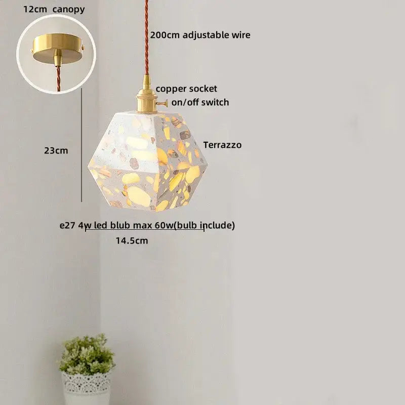 Modern black terrazzo led pendant lamp with white base golden flecks and adjustable copper wire for dining room decorbites black terrazzo