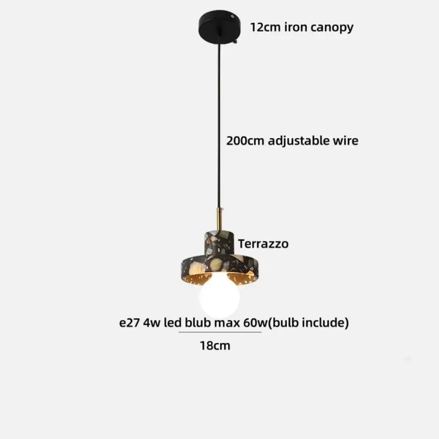 Modern black terrazzo led pendant lamp with gold accents, 12cm iron canopy, adjustable wire, and e27 led bulb for dining room