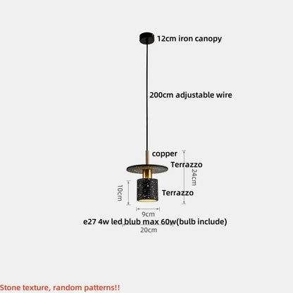 Modern black terrazzo led pendant lamp with copper accents and 20cm adjustable wire ideal for dining room decorbites black terrazzo