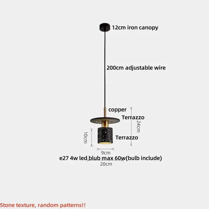 Modern black terrazzo led pendant lamp with copper accents and 20cm adjustable wire ideal for dining room decorbites black terrazzo
