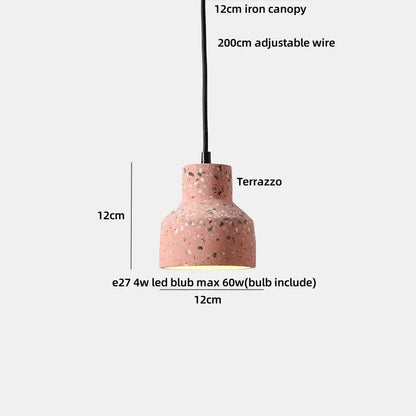 Modern black terrazzo led pendant lamp with pink speckled terrazzo shade and sleek black iron canopy for dining room decorbites