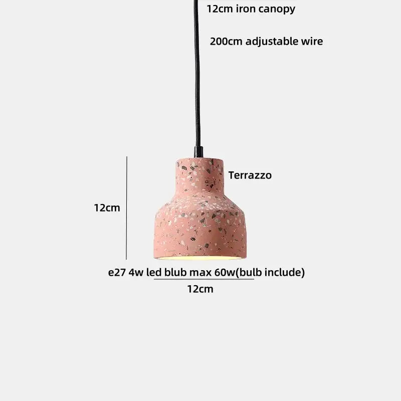 Modern black terrazzo led pendant lamp with pink speckled terrazzo shade and sleek black iron canopy for dining room decorbites