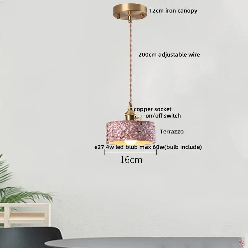 Modern black terrazzo led pendant lamp for dining room featuring pink terrazzo shade with brass iron canopy and copper socket