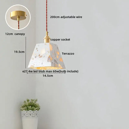 Modern black terrazzo led pendant lamp with brass canopy and copper socket on adjustable 200cm wire for dining room decorbites black terrazzo