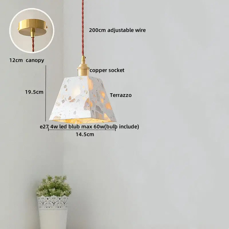 Modern black terrazzo led pendant lamp with brass canopy and copper socket on adjustable 200cm wire for dining room decorbites black terrazzo