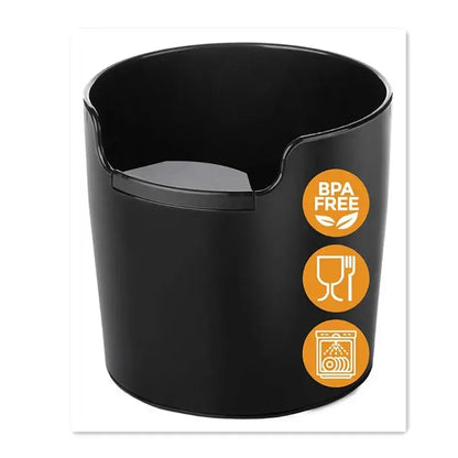 Modern black textured coffee knock box dump bin with bpa-free black plastic cup holder and dishwasher safe icons