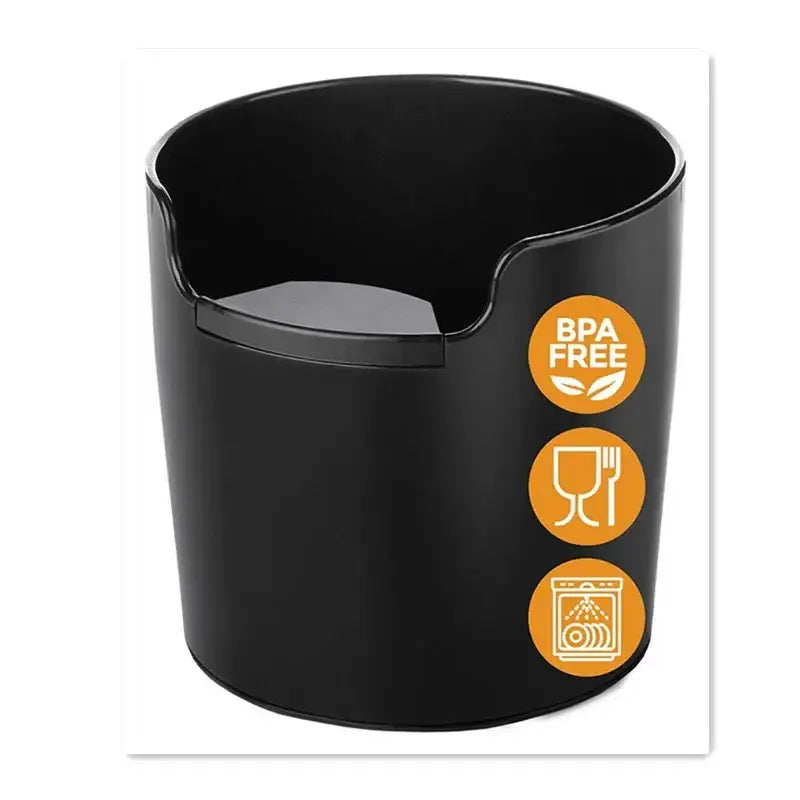 Modern black textured coffee knock box dump bin with bpa-free black plastic cup holder and dishwasher safe icons