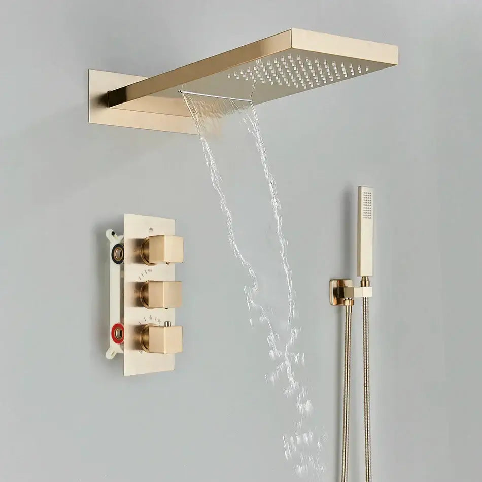 Gold-toned rectangular rainfall shower head with sleek design and wall-mounted control panel for decorbites black thermostatic shower faucet