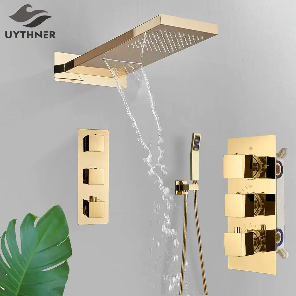 Gold-finished uythner rain shower head with waterfall spray design for decorbites black thermostatic rainfall shower faucet