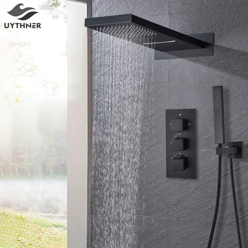 Modern black matte rainfall shower faucet with integrated control panel and handheld showerhead by decorbites black thermostatic