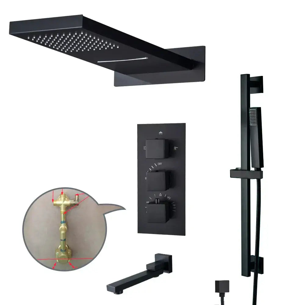 Modern black thermostatic rainfall shower faucet with handshower featuring matte finish rectangular rainhead and wall controls