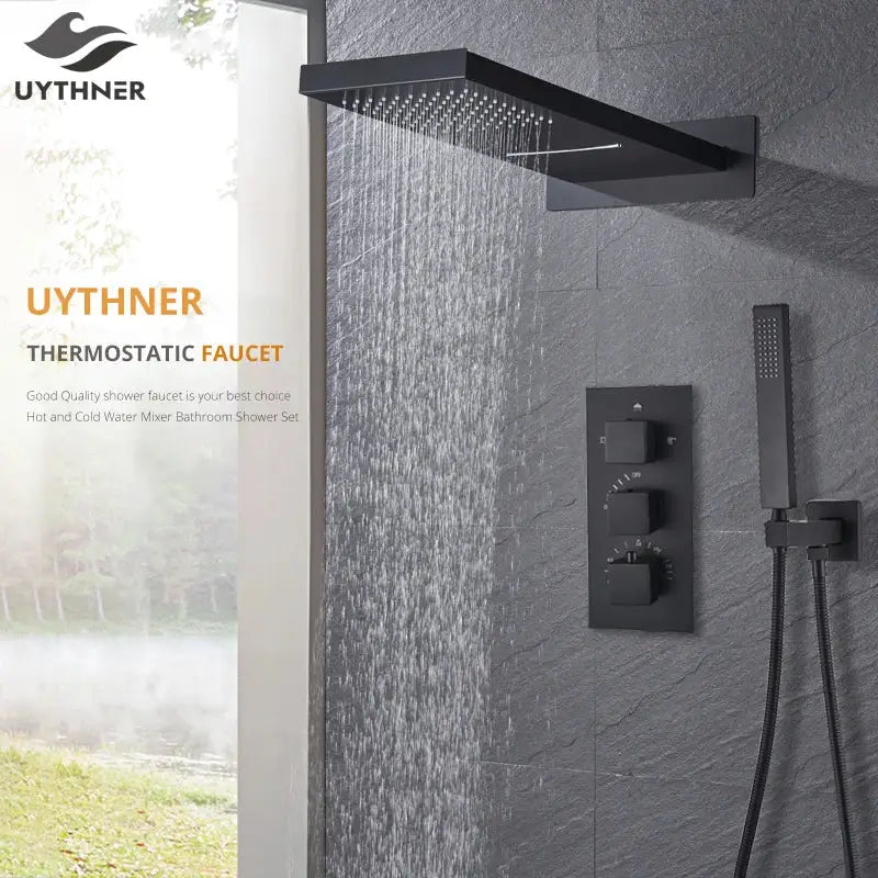 Modern black thermostatic rainfall shower faucet with rectangular rain showerhead and handheld sprayer by decorbites