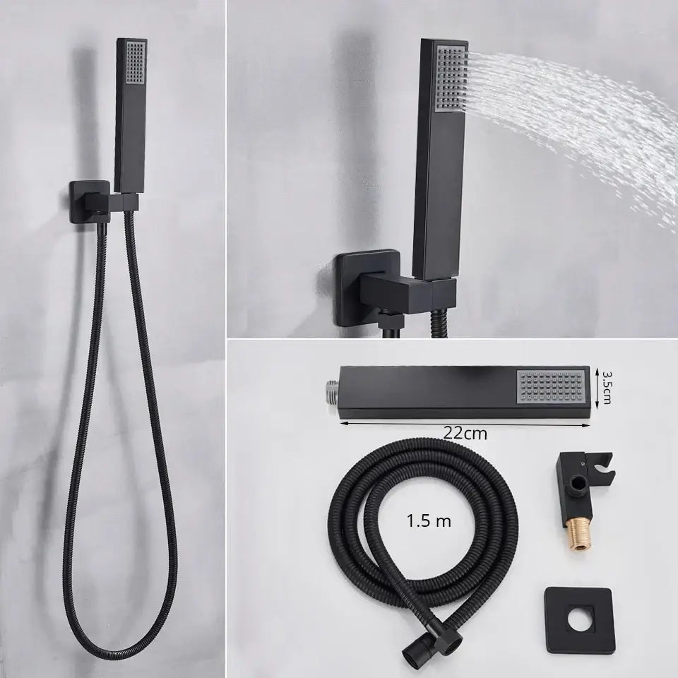 Modern black thermostatic rainfall shower faucet with handshower featuring a black matte rectangular shower head with grid spray face
