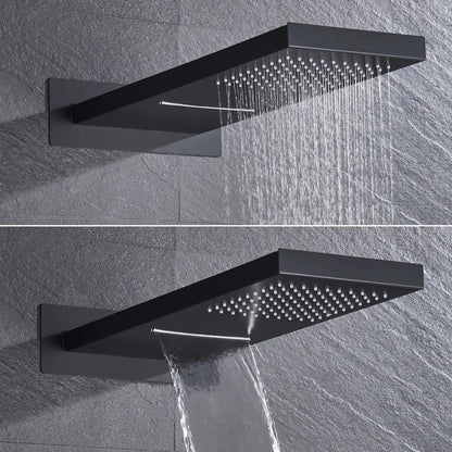 Modern black thermostatic rainfall shower faucet with handshower featuring a black matte rectangular rain shower head and integrated waterfall spout
