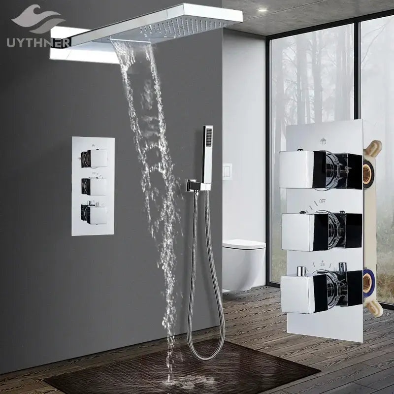 Modern chrome-finished rainfall shower head with sleek rectangular design and integrated handheld spray for decorbites black thermostatic shower faucet