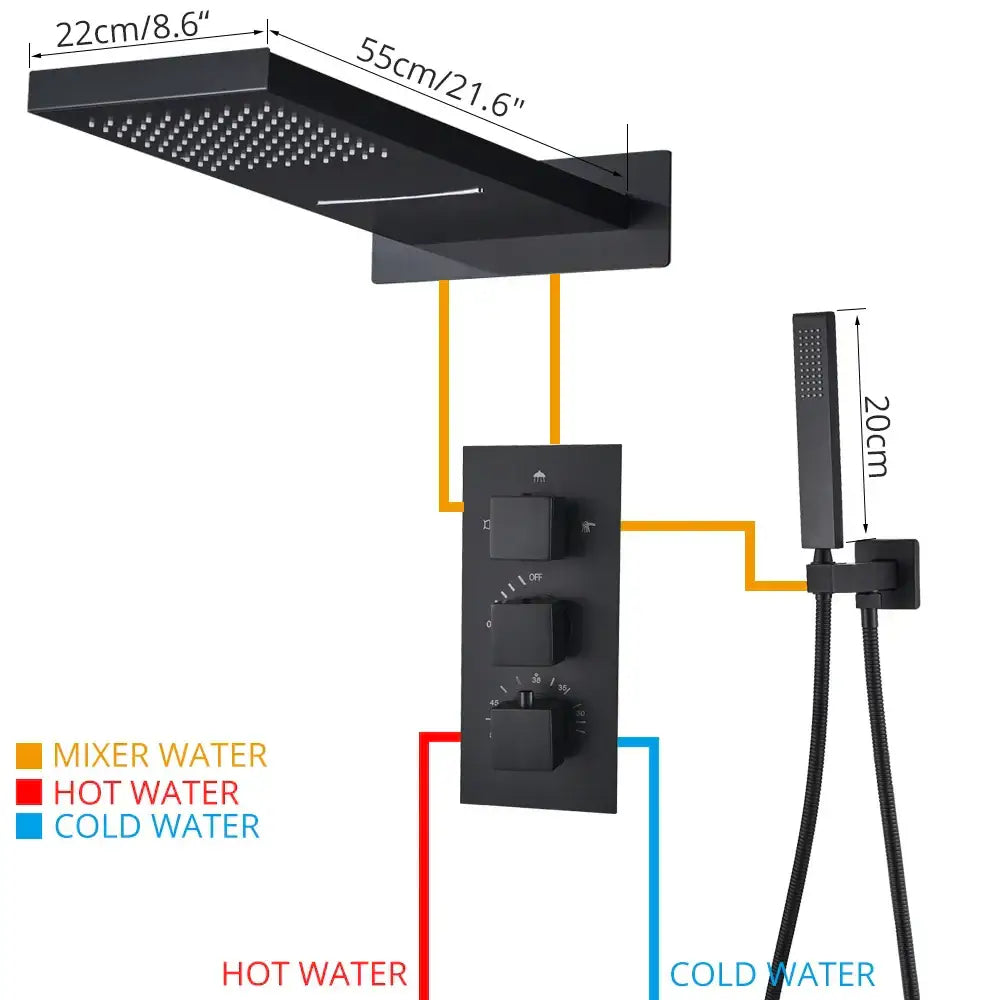 Modern black thermostatic rainfall shower faucet featuring a matte black rectangular rain shower head with handheld attachment